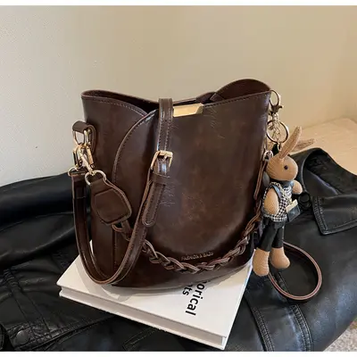 Kadın Retro Kova Çanta, Askılı Çapraz Çanta, Dokuma Görünümlü - 7