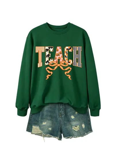 Damen-Sweatshirt mit Geister-Kürbis, vertikalen Streifen und Schleife - 11