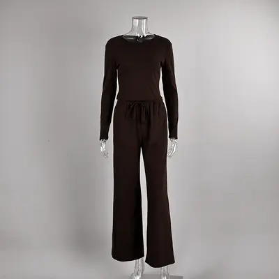 Knitted Velvet Ribbed Pajama Set, Long-Sleeve Top and Long Pants Homewear - 7