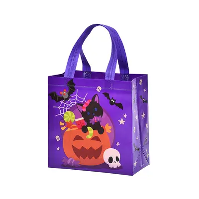 Halloween Non-Woven Shopping Bag, Pumpkin and Bat Design Kids Candy Gift Tote Bag