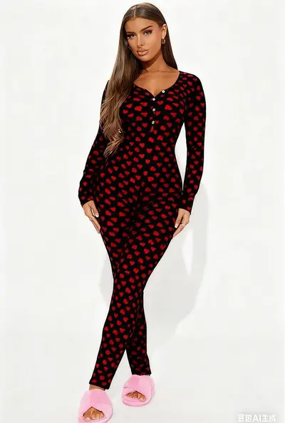 Valentine's Day Printed Jumpsuit with Open Back Button Detail, Sexy Sleepwear