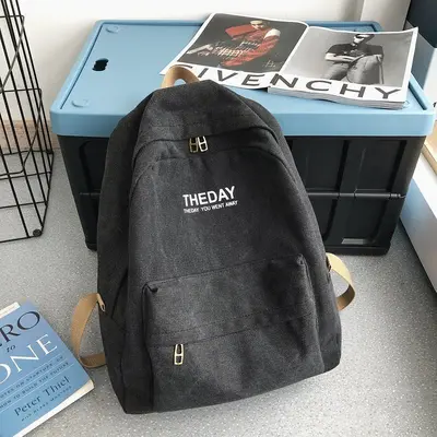 Men's Canvas Backpack, Solid Colour, Hong Kong Style, Large Capacity - 12