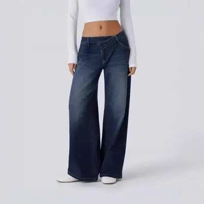 Kadın Denim Bol Paça Pantolon Retro Gevşek Kesim Yüksek Bel