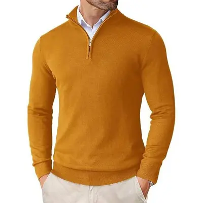 Erkek yarım fermuarlı örgü kazak, slim fit, ince astarlık