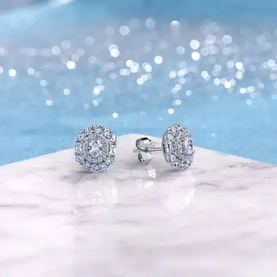 S925 Sterling Silver Moissanite Stud Earrings, Retro Round, Full-Set