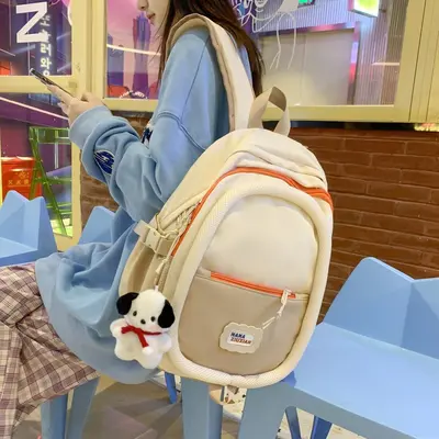 Autumn Color-Block Student Backpack Japanese Minimalist Contrast Unisex School Bag Campus Lightweight Burden-Reducing Large Capacity - 3