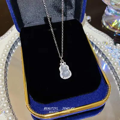 White chalcedony small gourd titanium necklace, Chinese style, collarbone chain - 9