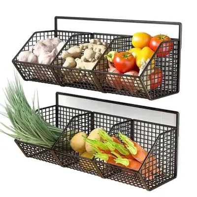 Kitchen wall mounted storage shelf for onion, ginger and garlic, iron art shelf, no drilling hanging spice rack, wall mounted drainage basket.
