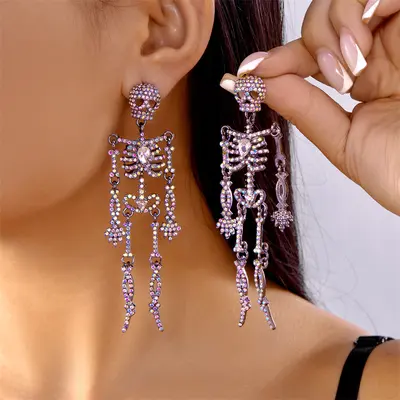 Halloween Retro Skull Earrings with Rhinestones, Exaggerated Design