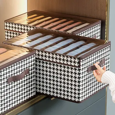Houndstooth patterned pants storage box with lid, partitioned - 3