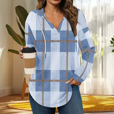 Kapuzenpullover mit V-Ausschnitt, Kordelzug, Karo, Langarm, Modell 5919 - 8