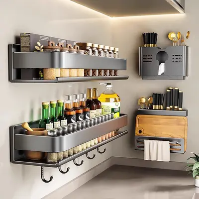 Kitchen storage rack spice rack carbon steel wall-mounted spice rack without drilling kitchen knife holder