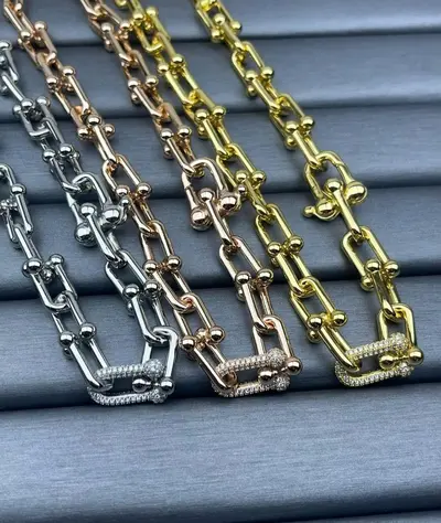 Unisex U-Shaped Bamboo-Joint Necklace with Rhinestones, Interlocking Rings - 7