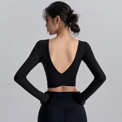 Backless Yoga Top with Built-in Bra Pads, Red Square Neck, Long Sleeve - 6