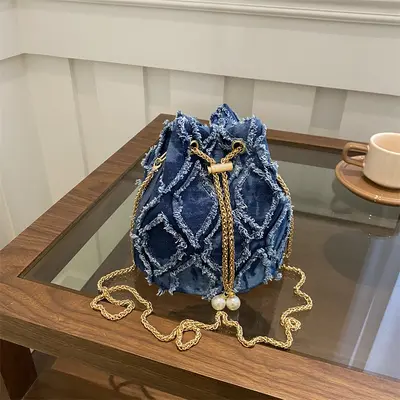 Women's Denim Chain Bucket Bag, Single-Shoulder Crossbody