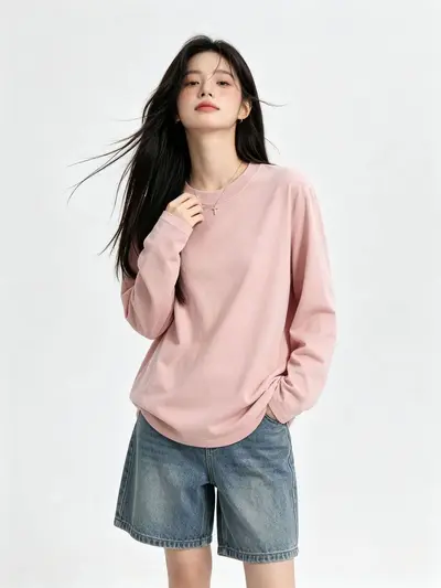 Long Sleeve Women's T-Shirt, White 100% Cotton, Round Neck, Loose Fit - 9