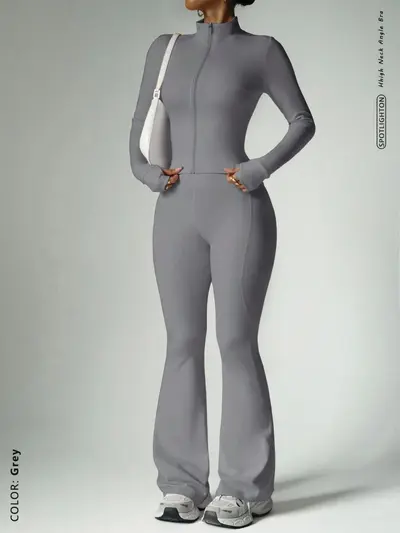 Zipper Long-Sleeve Jacket and Flare Pants Yoga Set, Nude-Feel Fitness Wear - 13