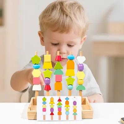Kinder Montessori Holzperlen 5er Set Säulen Intelligenzbox Farbempfindung Sinnesschulung Kleinkinder Formzuordnung Steckspiel Spielzeug - 4