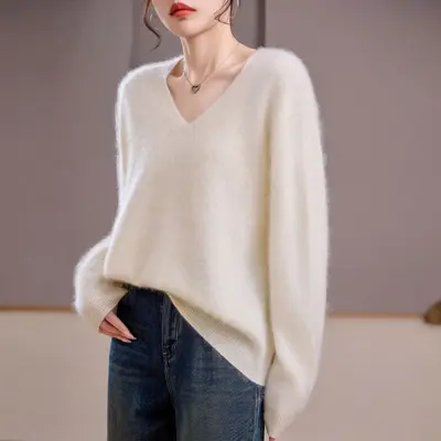 Women's 5% Cashmere Wool Silk Blend Seamless Knit Sweater Autumn - 1