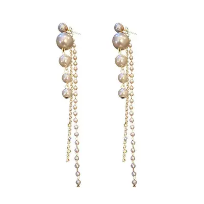 Diamond Pearl Long Tassel Earrings, Lightweight Luxury Earrings, Elegant and Personalized Temperament, Internet Celebrity Earrings for Women, Cross-border Wholesale Trend