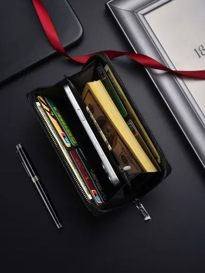 Men's Long Zipper Wallet with Multiple Card Slots, Large Capacity Leather Clutch - 3