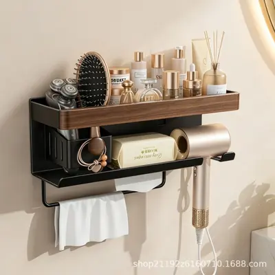 Walnut Wood Bathroom Hair Dryer Shelf with Towel Organizer