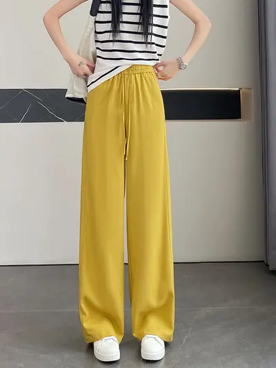 Damen-Leinenhose im Fischgrätmuster, weites Bein, hoher Bund, Sommer