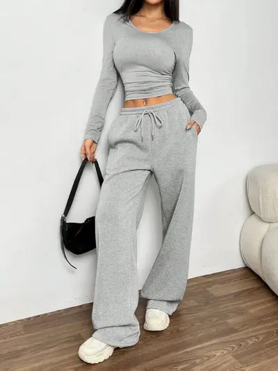 Women's Long-Sleeve Two-Piece Set with Wide-Leg Pants, Autumn Winter