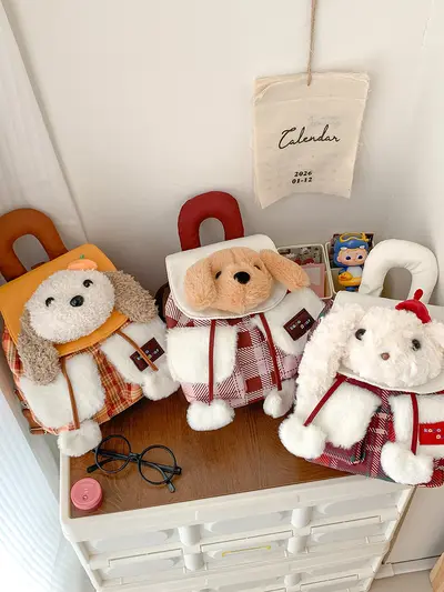 Cute Plush Puppy Head Flip-Top Mini Backpack with Plaid Pattern