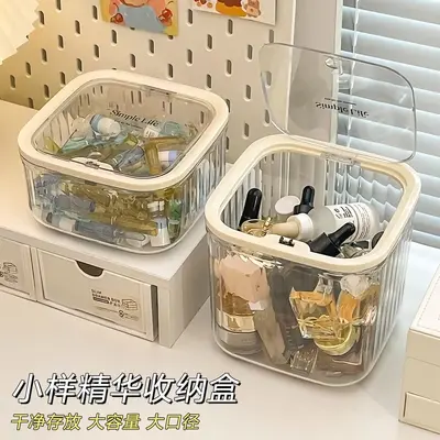 粉扑收纳盒桌面化妆品亚克力次抛口红护肤迷你翻盖杂物透明置物架 - 1