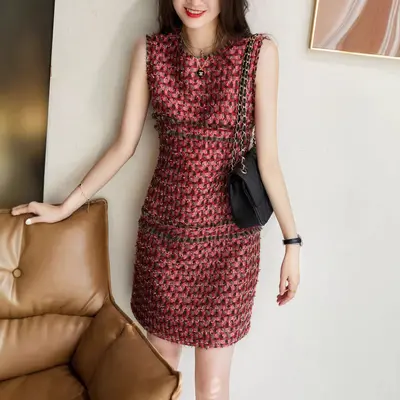 Elegant Premium Tweed Dress with Fringed Trim