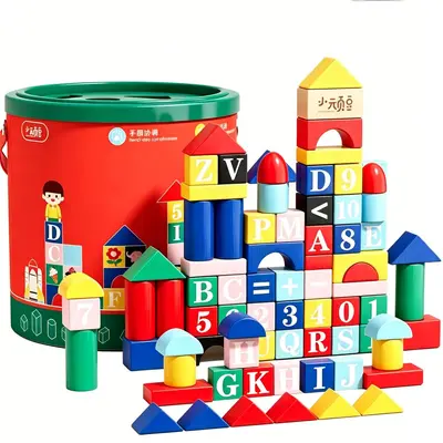 Montessori Large Solid Wood Blocks, Geometric Shapes and Color Learning Toy