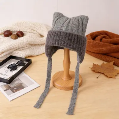 Korean-Style 3D Cat Ear Knit Hat for Women, Soft and Warm - 7