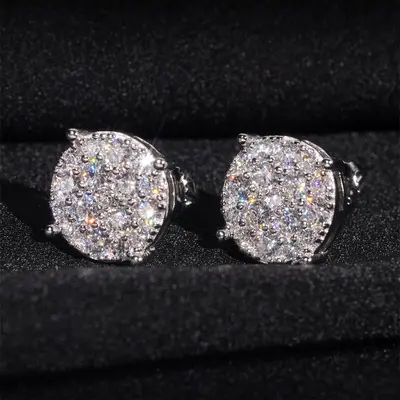 9.8mm Ice Crystal Stud Earrings, S925 Sterling Silver with Moissanite, Unisex Hip-Hop Jewe