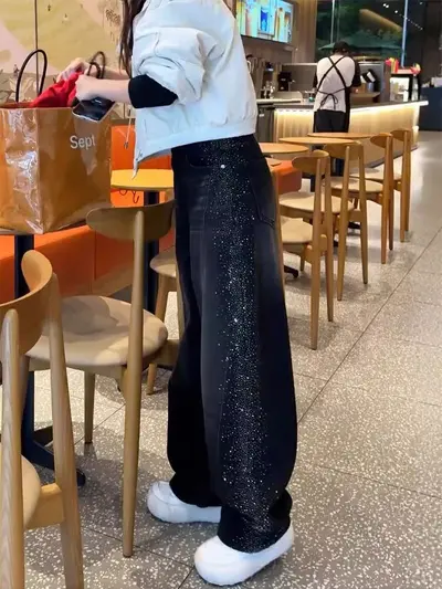 Büyük Beden Yüksek Bel Geniş Paça Kot Pantolon, Yıldız Desen Taşlı