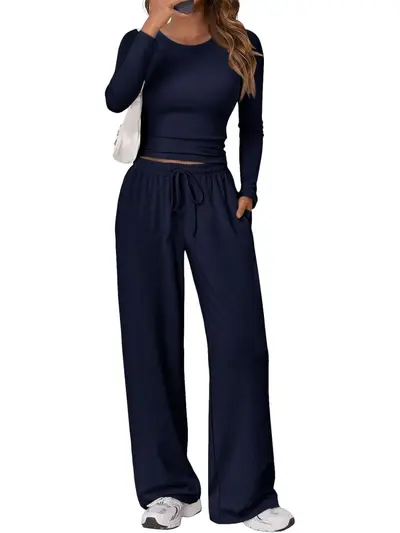 Women's Sports Yoga Set, Autumn Winter Solid Color Long Sleeve Round Neck - 12