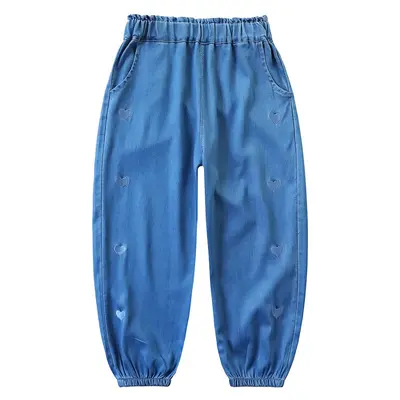 Tencel Denim Kids Trousers with Embroidered Heart, Anti-Mosquito, Medium to Large Sizes
