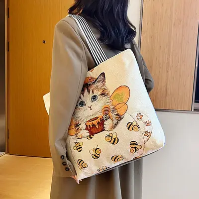 Gold Silk Fabric Women's Canvas Tote Bag with Creative Pattern - 3