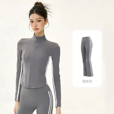 Yoga Set with Short Jacket, Strap Top and Flared Pants - 11