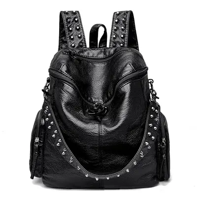 Rivet Washed Leather Backpack Large Capacity Multi-Pocket - 6