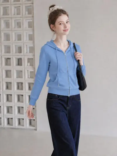 Korean-Style Blue Hooded Zip Short Sweatshirt Jacket for Women