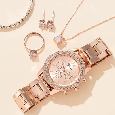 5-piece steel band women's watch set with orange box