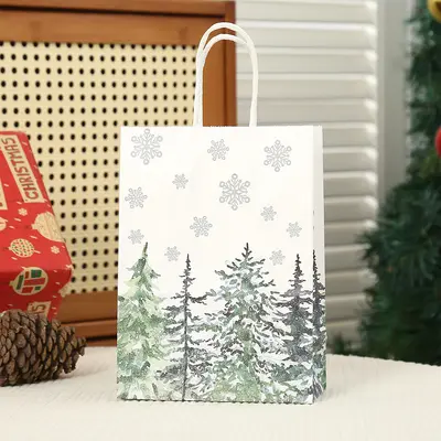 Kraft Paper Party Gift Bag Christmas Forest Print Tote