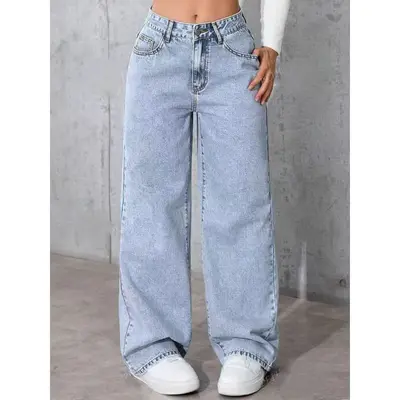 Damen-Jeans, hoher Bund, weites Bein, schwarz, gerade geschnitten - 8