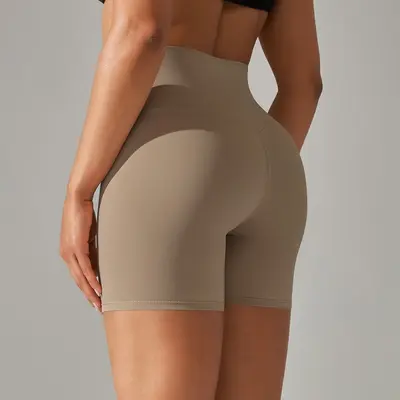 Kadın çift yüzlü düz renk yoga şortu, yüksek bel, üç çeyrek boy - 3