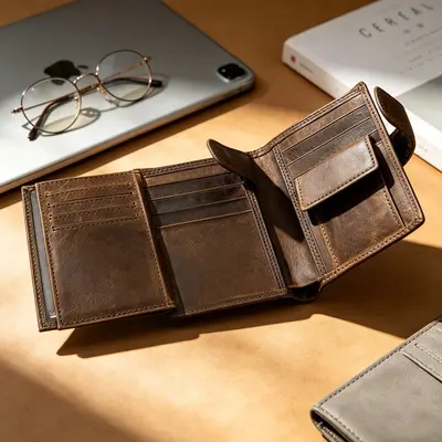 Genuine Leather Men's Wallet, Retro Multi-Slot, RFID Anti-Theft, Large Capacity - 2
