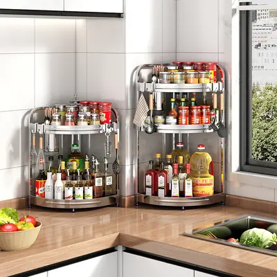 Stainless steel kitchen corner storage rack oil salt sauce vinegar tripod spice supplies wall corner floor storage knife holder