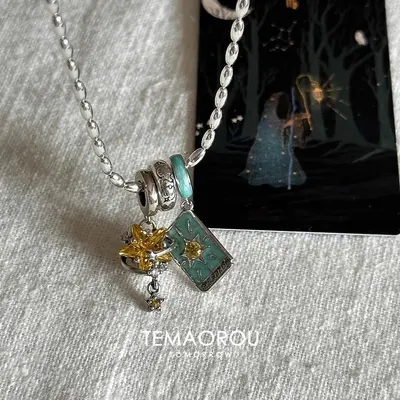 Tarot kartı kolye, mavi glitter, yıldız tasarımı, gırtlak zinciri - 1