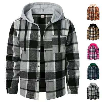 Cross-Border Trendy Amazon Spring Autumn Men's Warm Hooded Plaid Shirt European Size Casual Loose American-Style Jacket