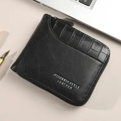 Men's Short Horizontal Tri-Fold Wallet with Zip Coin Pocket, Retro - 10